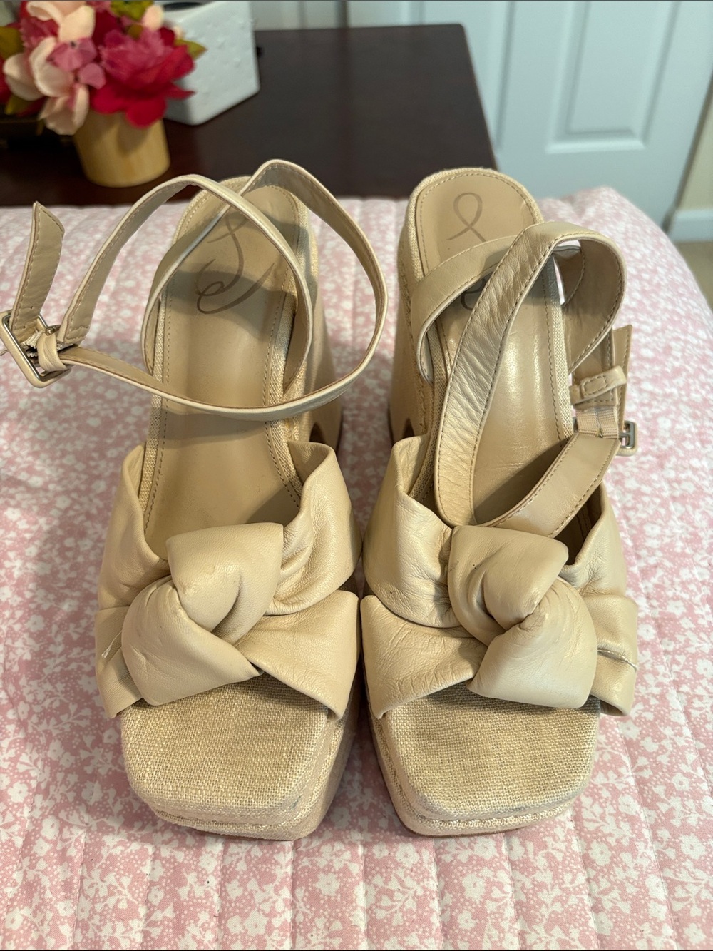 Sam Edelman Beige Knotted Platform Sandals with Ankle Strap